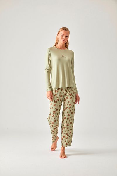 Pamuk & Pamuk PEANUTS GREEN FLOWER PRINTED BICYCLE COLLAR PAJAMAS SET