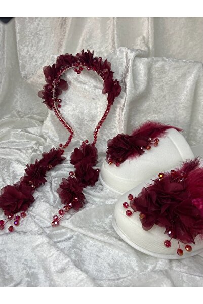 ecrin tuhafiye hobi İncili & Çiçekli Lohusa Terlik Taç Seti