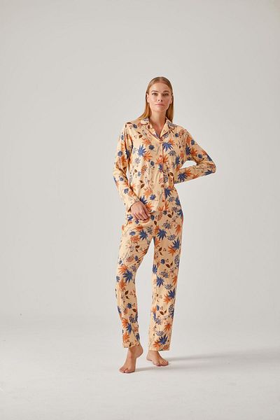 Pamuk & Pamuk Viscose Women's Pajama Set - Apricot Color Flower Patterned, Buttoned Front
