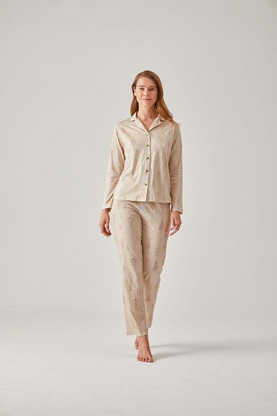 Pamuk & Pamuk Cotton Modal Women's Pajama Set - Pine Tree Patterned, Buttoned Front