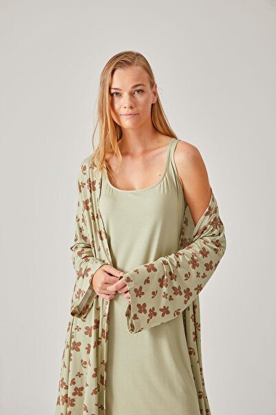 Pamuk & Pamuk Γυναικεία ρόμπα Viscose - Πράσινο Φιστίκι με λουλουδάτο μοτίβο