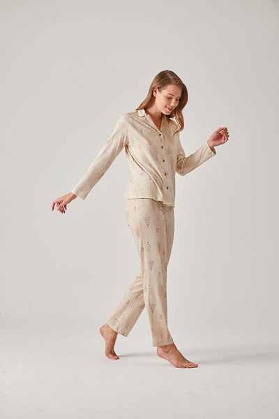Pamuk & Pamuk Cotton Modal Women's Pajama Set - Pine Tree Patterned, Buttoned Front