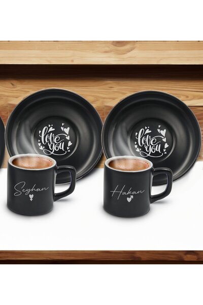 Bk Gift Sevgililere Özel İsimli Siyah Renk İkili Türk Kahvesi Fincanı-4, Sevg...