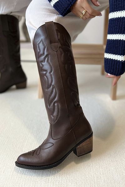 POLKA STORE Texas Bitter Brown κεντημένες μακριές γυναικείες καουμπόικες μπότες Western μέχρι το γόνατο