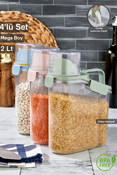 Tugomer 4'lü Unique 2 Lt Contalı Erzak Saklama Kabı - Ölçekli Bakliyat Kabı Düzenleyici Kavanoz