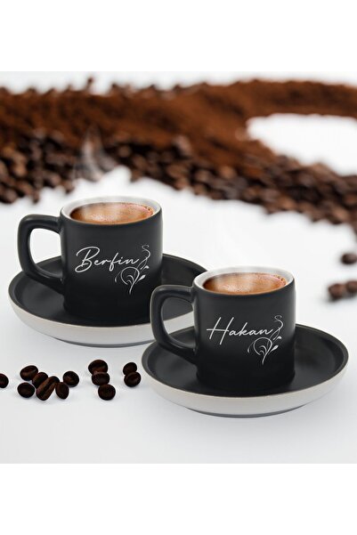 Bk Gift Kişiye Özel İsimli Siyah Renk İkili Türk Kahvesi Fincan Seti-6, Sevgi...