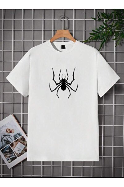 AEMİ Unisex Spider Štampano okrugla kragna Oversize kroj Bela T-shirt
