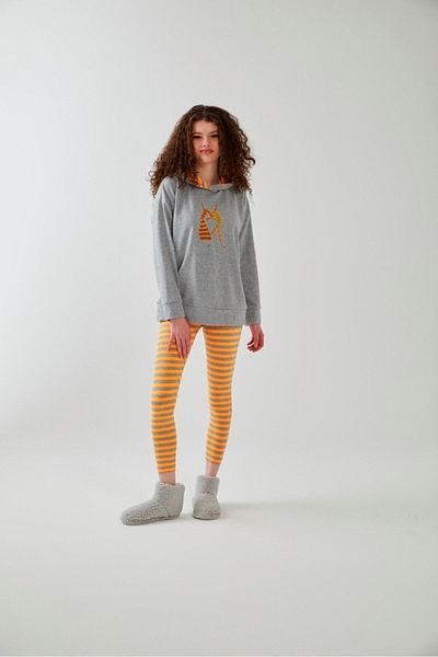 Pamuk & Pamuk Gray Orange Neon Printed Hooded Tights Set