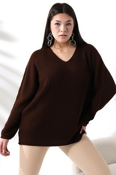 Devinka Дамски кафяв пуловер с V-образно деколте Selanik Knit Oversize