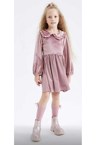OliveYouMom Rochie de catifea cu mânecă lungă, guler pentru bebelusi