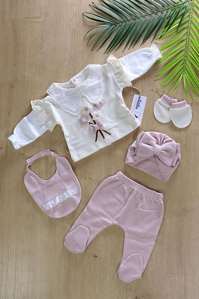 Sitilin Baby Girl 5-Piece Scalloped Lace Luxury Hospital Discharge Set STL6469