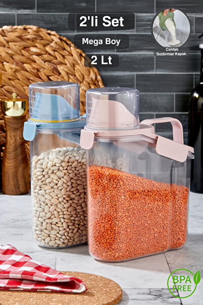 Tugomer 2'li Unique 2 Lt Contalı Erzak Saklama Kabı - Ölçekli Bakliyat Kabı Düzenleyici Kavanoz