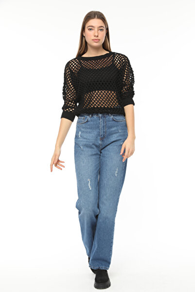 MA ananas Kadın Siyah Triko File Yarasa Bluz