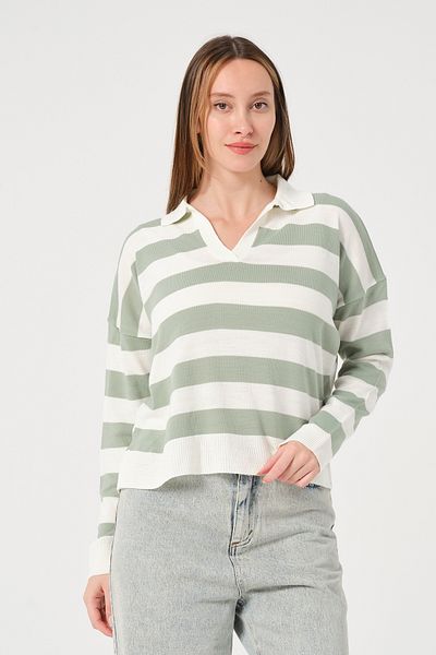PUNKY CAT Pulover de damă, verde, ecru, cu dungi, cu gât polo