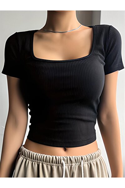 ÖZ PAMUK Γυναικεία μπλούζα με γιακά τετράγωνο λαιμό με ραβδώσεις Crop Pieces Basic