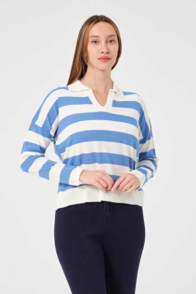 PUNKY CAT Жіночий синій светр з поло-коміром у смужку