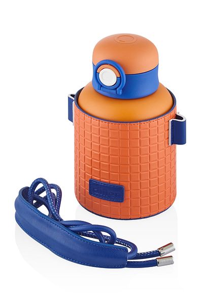 DILLER 680ml Fashion Waffle Striped Leather Case Straw Strap Lockable Lid Steel Thermos Flask