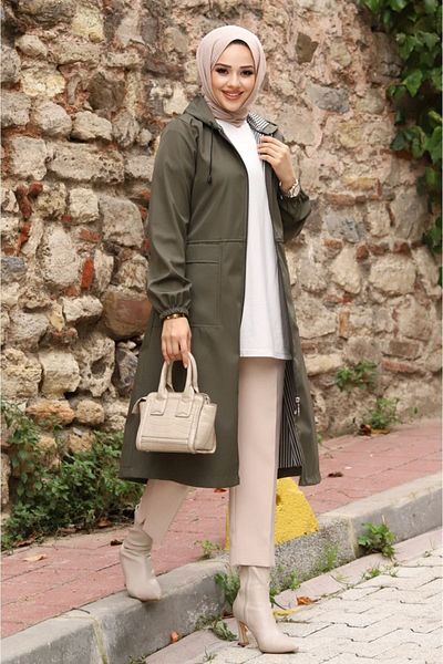PİNK FLY Γυναικεία καμπαρντίνα Hijab με κουκούλα και τσέπες με ριγέ σχέδιο