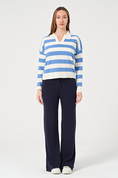 PUNKY CAT Жіночий синій светр з поло-коміром у смужку