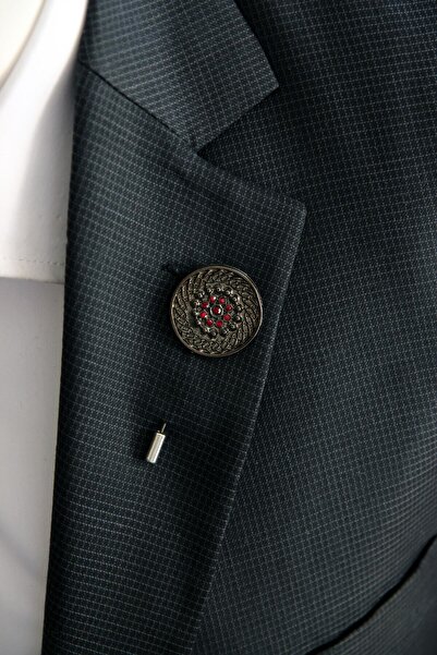 Le Voux Antrasit Gri Renginde Bordo Taş Detaylı Ceket Yaka Iğnesi Broş