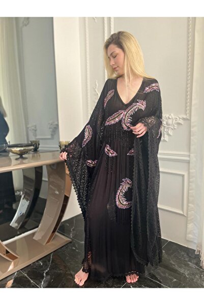 Bohemian Fıransız Tasarım İşlemeli Siyah Abiye Elbise Kaftan Abaya