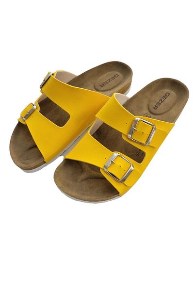 MODA SENİ Papuci pentru femei Gezer, cu cataramă, cu talpă de plută, papuci pentru femei, galbeni, eleganti, cu compartimente pentru călcâi