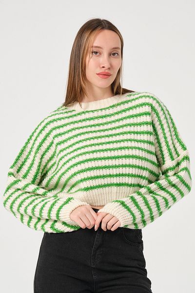PUNKY CAT Pulover de damă, verde, ecru, cu dungi, cu gâtul turn, tricotat gros