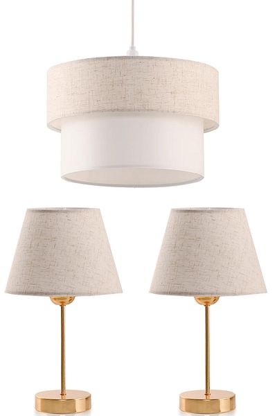 EvLight Triple Lampshade And Chandelier Set Linen Fabric Bedroom Gold Metal Lampshade