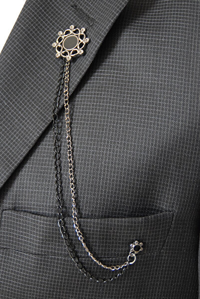 Elegante Cravatte Siyah Gri Detaylı Premium Model Ceket Yaka İğnesi