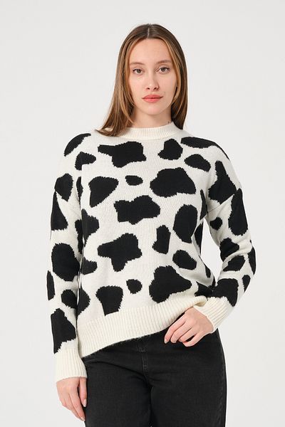 PUNKY CAT Women's Black Ecru Dalmatian Patterned Crew Neck Knitwear Sweater