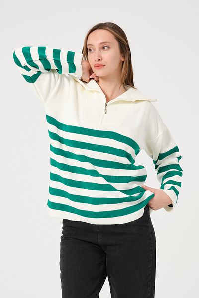 PUNKY CAT Pulover de damă, verde, ecru, cu dungi, cu fermoar, cu croială confortabilă