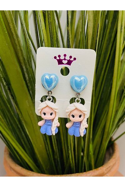 1PARÇAMAVİ Studded Heart Princess Elsa Frozen Frozen Children's Earrings - Perforated Earrings