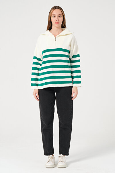 PUNKY CAT Жіночий зелений светр з екрановими смужками, коміром на блискавці та зручним кроєм