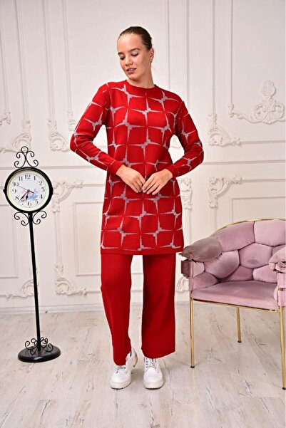 FATELLA Pulover tricotat lung pentru femei, cu decolteu rotund, cu model prop...