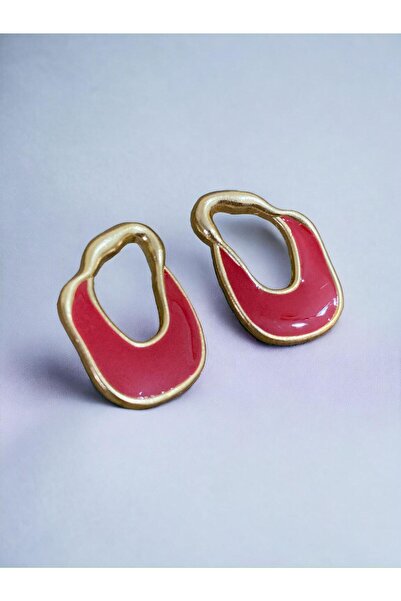 İlraysa Asimetrik Kırmızı Mineli Altın Renk Küpe