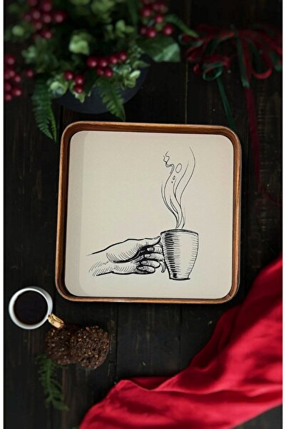 sizinsepetiniz صينية معدنية مربعة الشكل ذات حافة من الخيزران بتصميم القهوة