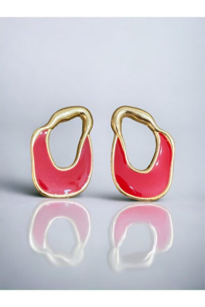 İlraysa Asimetrik Kırmızı Mineli Altın Renk Küpe