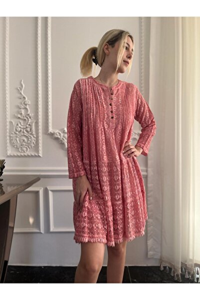 Bohemian Kadın Pembe Etek Ucu Fırfırlı Uzun Kollu Dantelli Çan Elbise