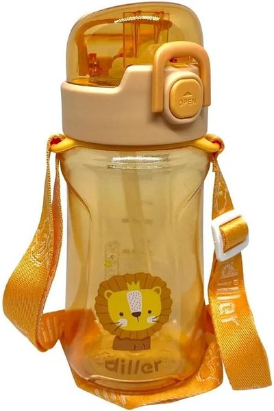 DILLER 550ml Animal Pattern Tritan Water Bottle with Straw and Strap (Orange)