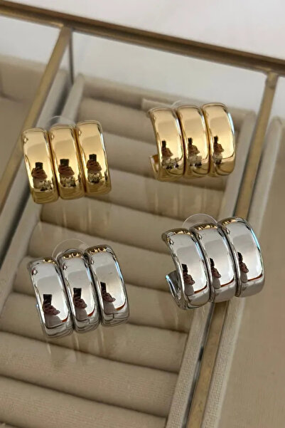 İlraysa Kadın Premium 3 Sıra Gümüş Renk Bombeli Küpe