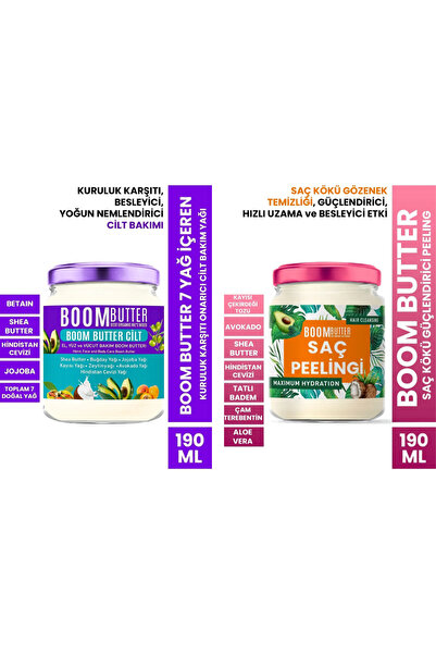 BOOM BUTTER Saç-Cilt Bakım Seti (Saç Peeling 190ml- Onarıcı Cilt Bakım Yağı 1...