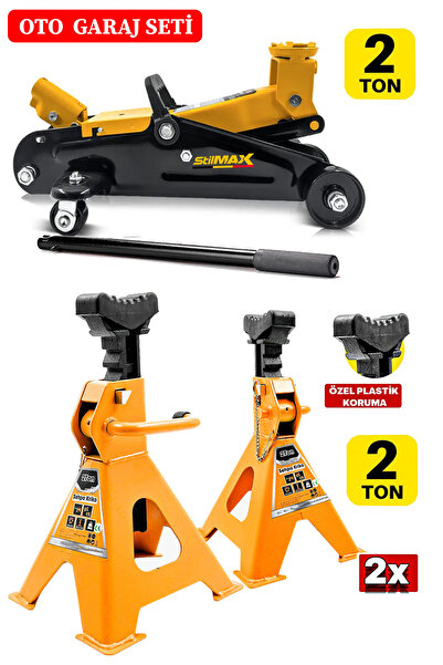 stilmax 2Ton/2000Kg Kapasite Tekerlekli Arabalı Hidrolik Kriko + 2Ton x2Adet Taşıma Sehpa Tip Kriko Standı