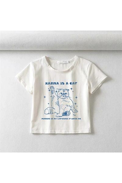 Touz Karma Is A Cat Printed White Crop