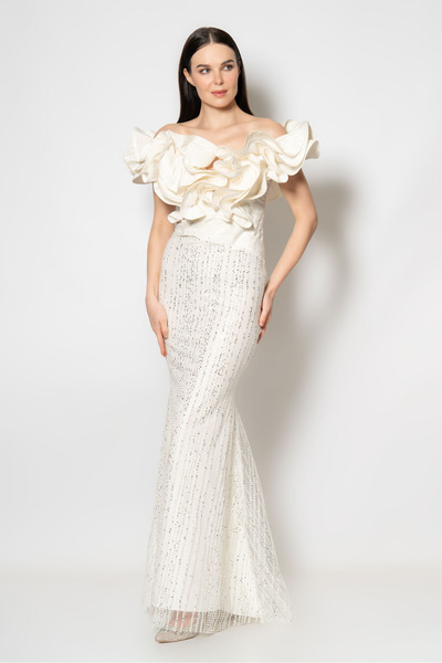 RENGIN Üstü volanlı organze altı şerit işli abiye elbise