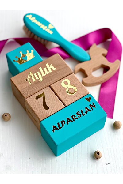 mogokids Mavi gold taraklı bebek anı küpü seti Türkçe