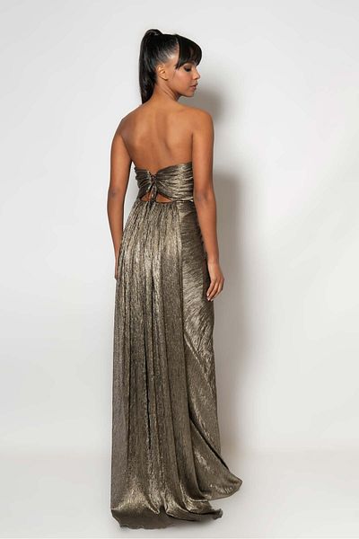 RENGIN Lurex Chiffon Evening Dress with Pleated Chest and Lace Detail