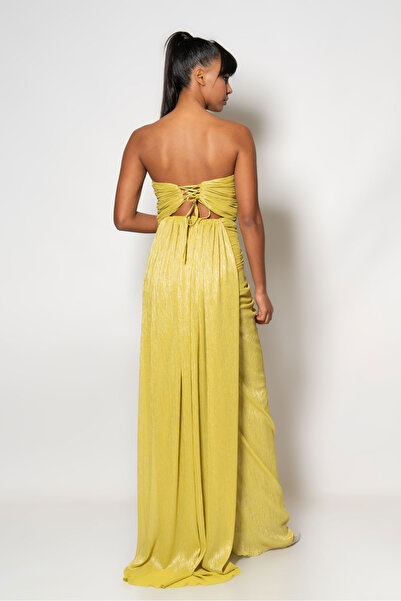 RENGIN Göğsü pileli dantel detaylı simli şifon abiye elbise