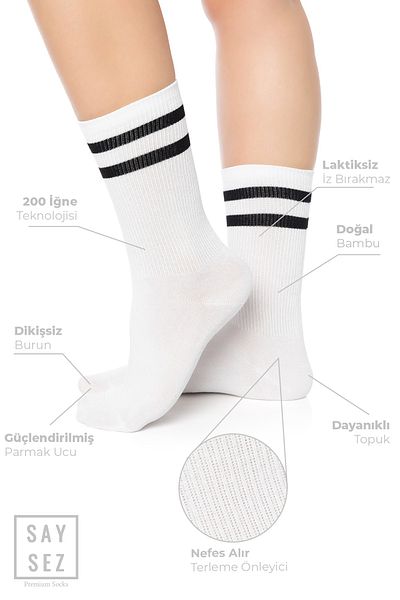 SAYSEZ Bamboo Unisex Tennis College ριγέ Premium Λευκές κάλτσες χωρίς ραφή 3 πακέτο