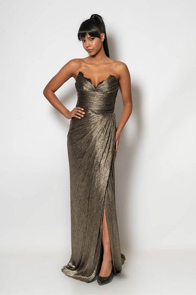 RENGIN Lurex Chiffon Evening Dress with Pleated Chest and Lace Detail