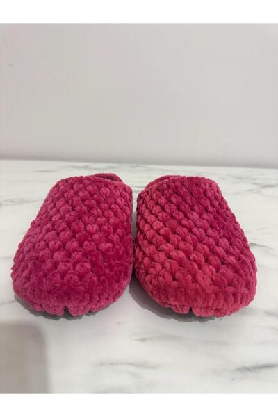 MERUT STYLE HAYATINI RENKLENDİR Ev Terliği Kadife Ip Fuşya El Örgüsü